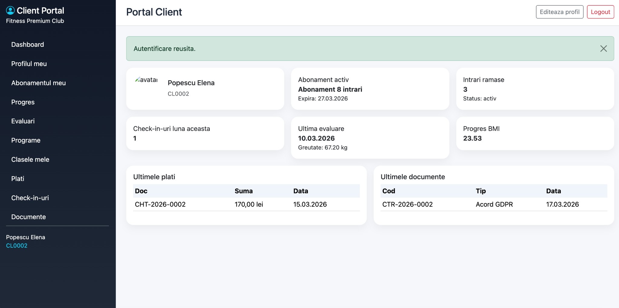 Portal client FitnessApp – cont individual membru sală fitness