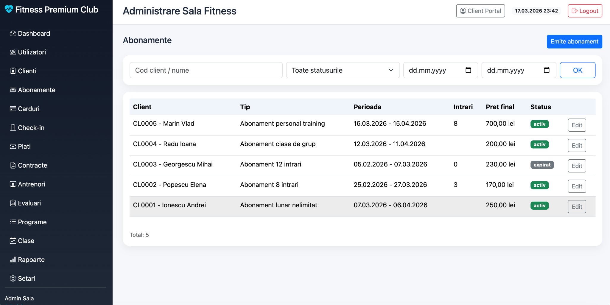 Listă clienți și abonamente în program gestiune sală fitness