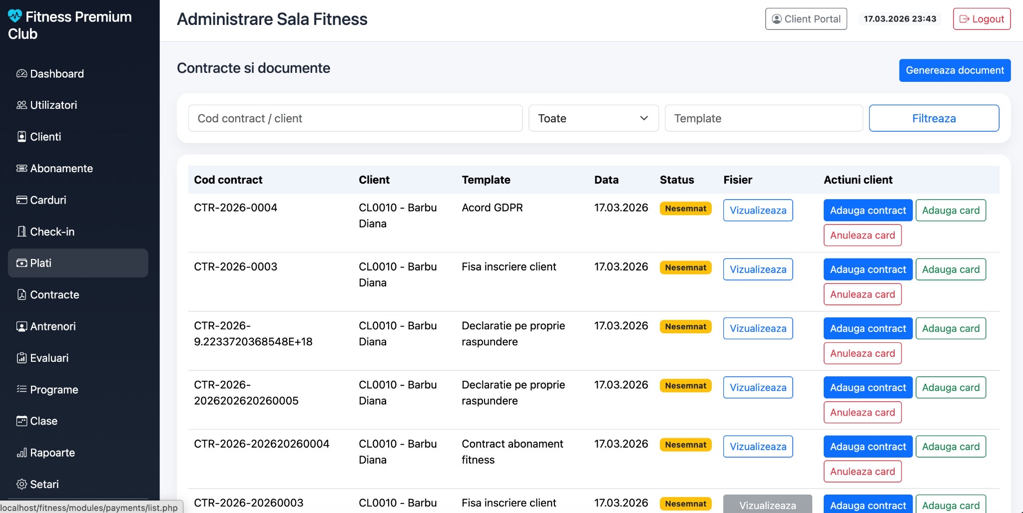 Contracte plăți și documente în FitnessApp