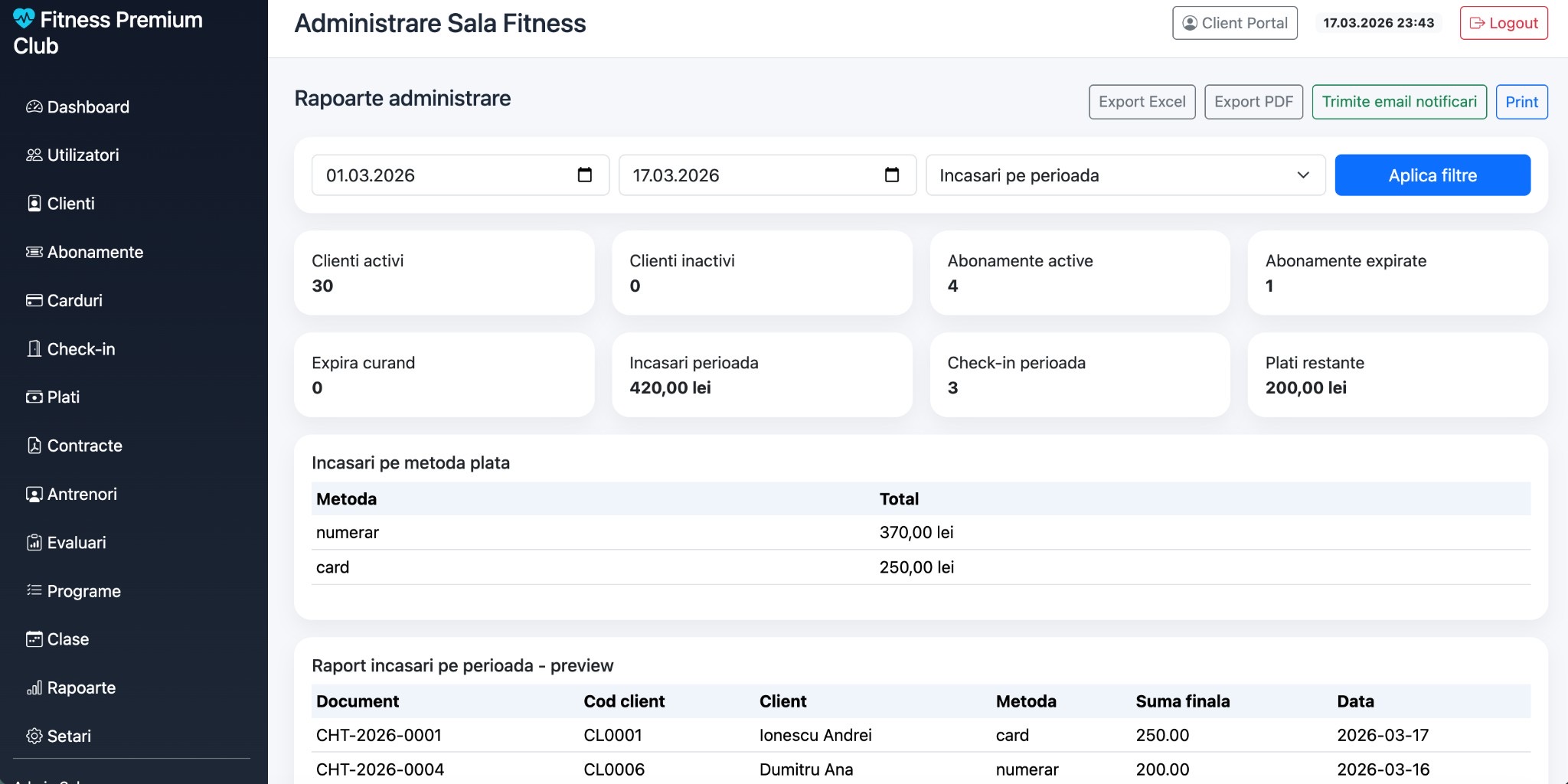 Rapoarte administrative sală fitness FitnessApp